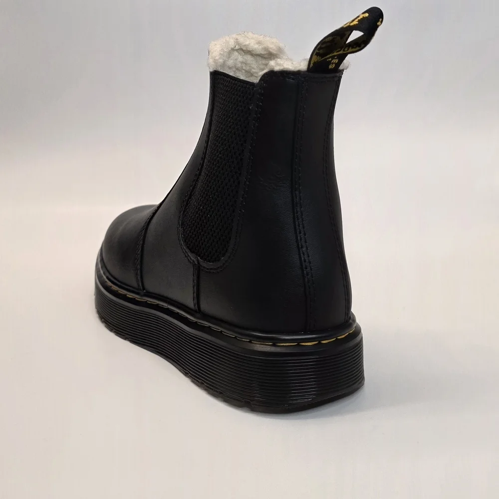 EUC Dr. Martens Black Leather Chelsea Ankle Boots with Shearling Trim